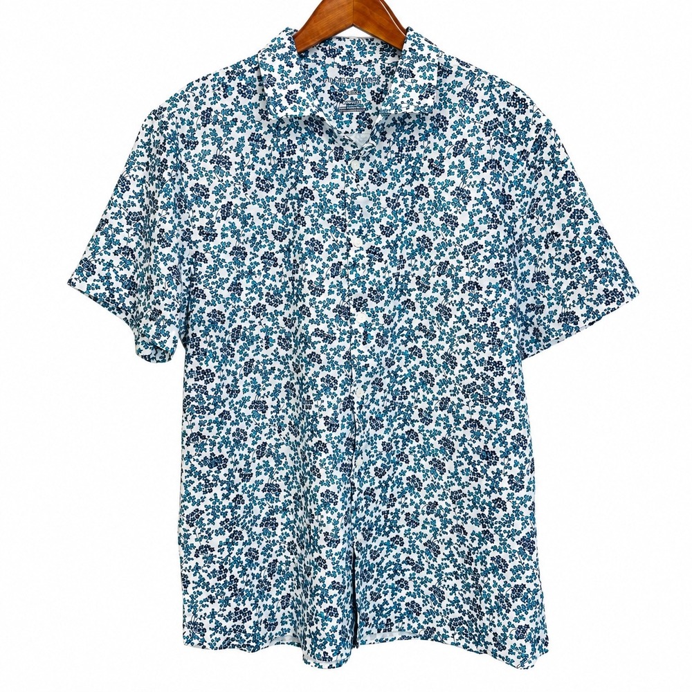 Perry Ellis Mens XL Short Sleeve Button Down Shirt Blue Teal Floral Stretch